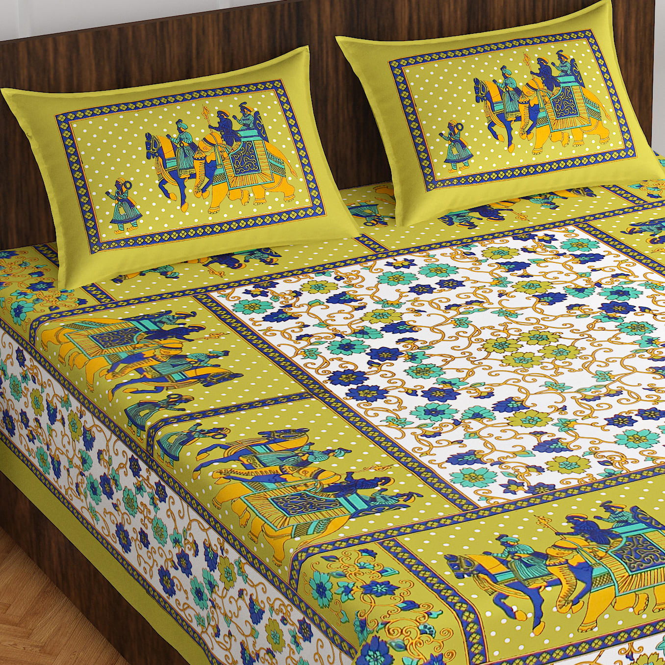 Jaipuri Prints Cotton Double Bedsheet (Green)