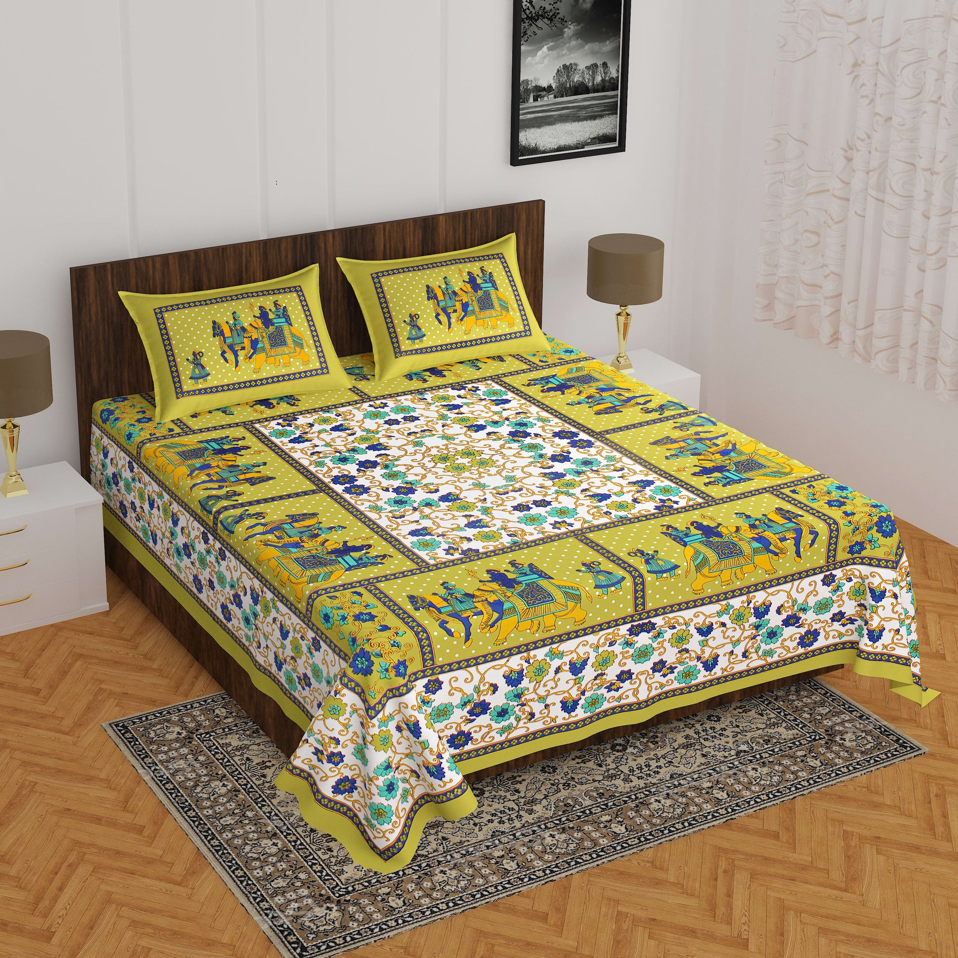 Jaipuri Prints Cotton Double Bedsheet (Green)