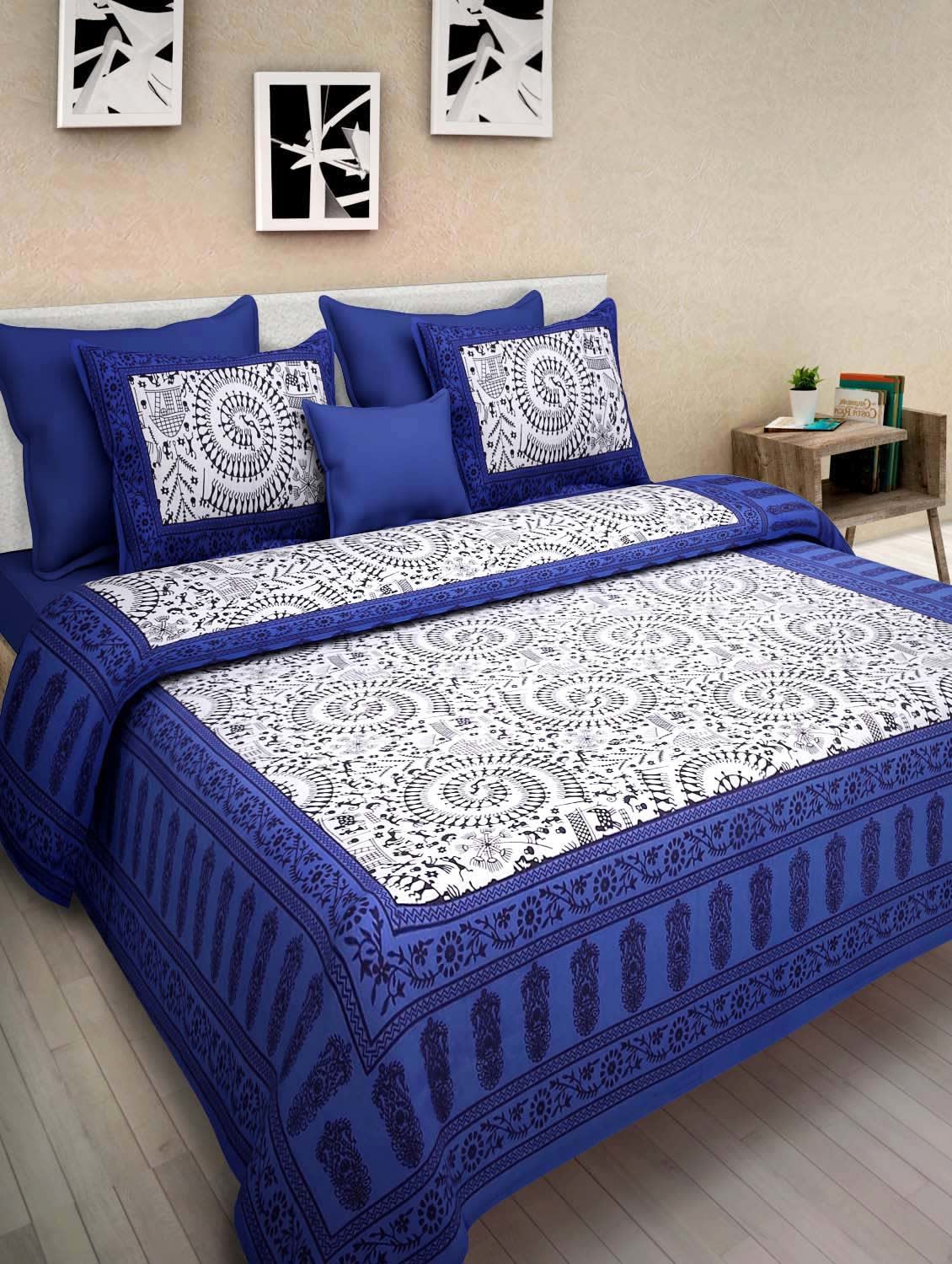 100% Cotton Printed Double Bedsheet (Blue)