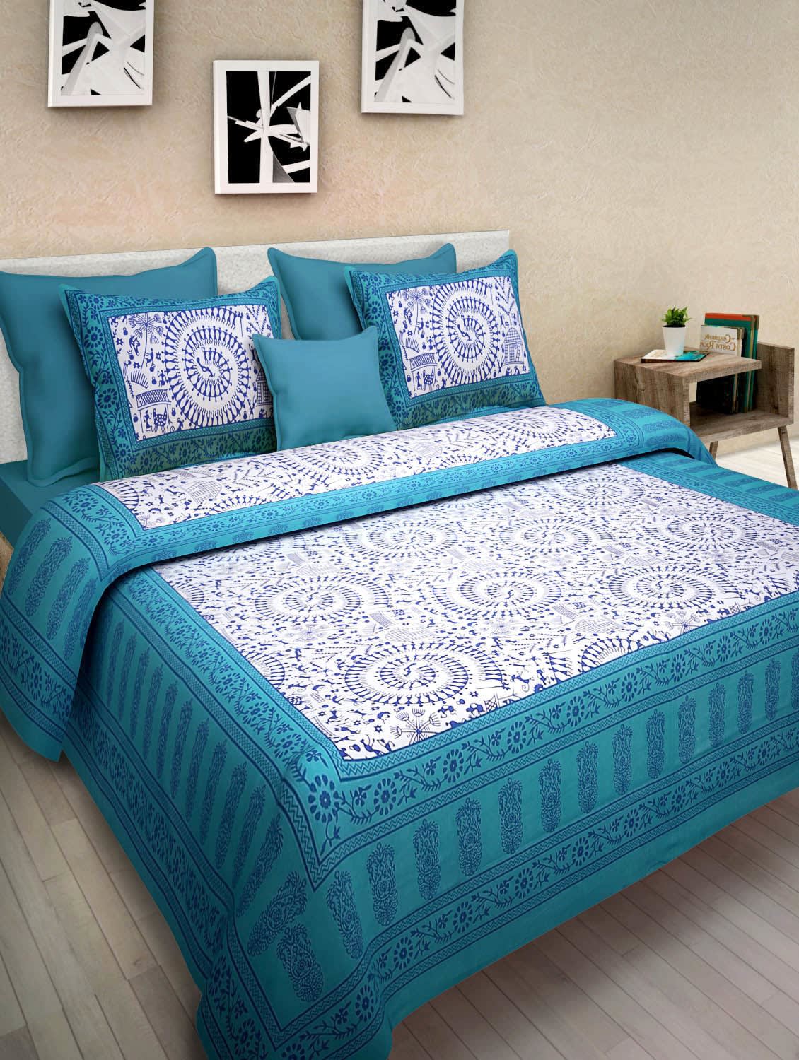 Jaipuri Prints Cotton Double Bedsheet (Green)