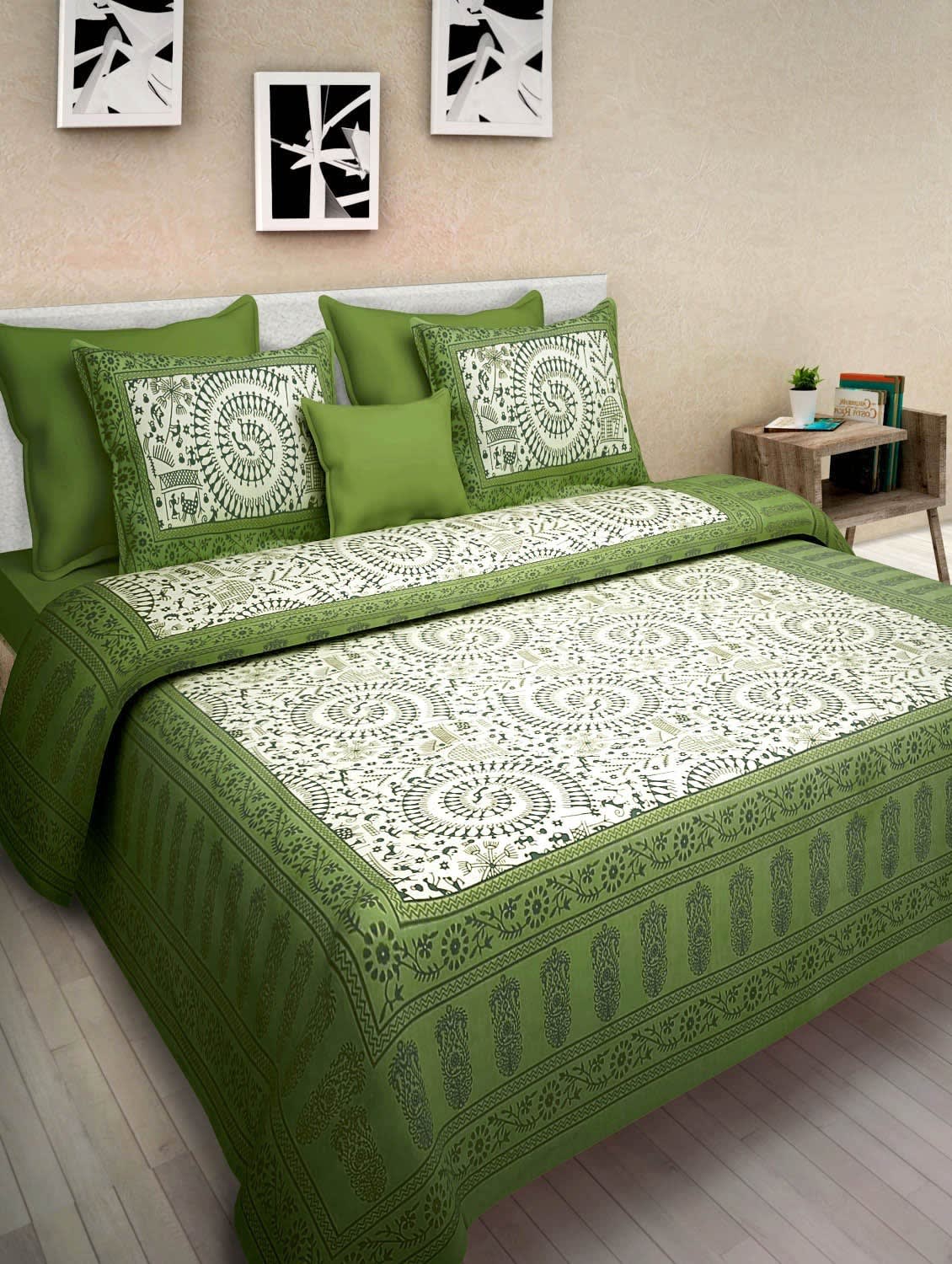 Jaipuri Prints Cotton Double Bedsheet (Green) With Two Pillow Covers.