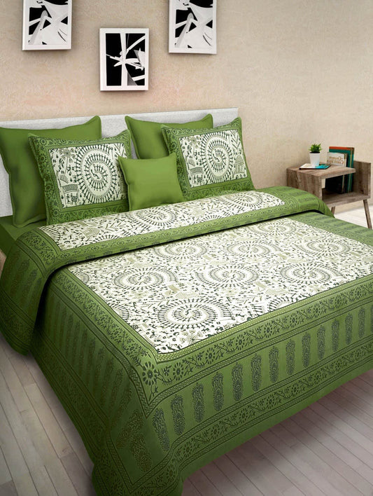 Jaipuri Prints Cotton Double Bedsheet (Green) With Two Pillow Covers.