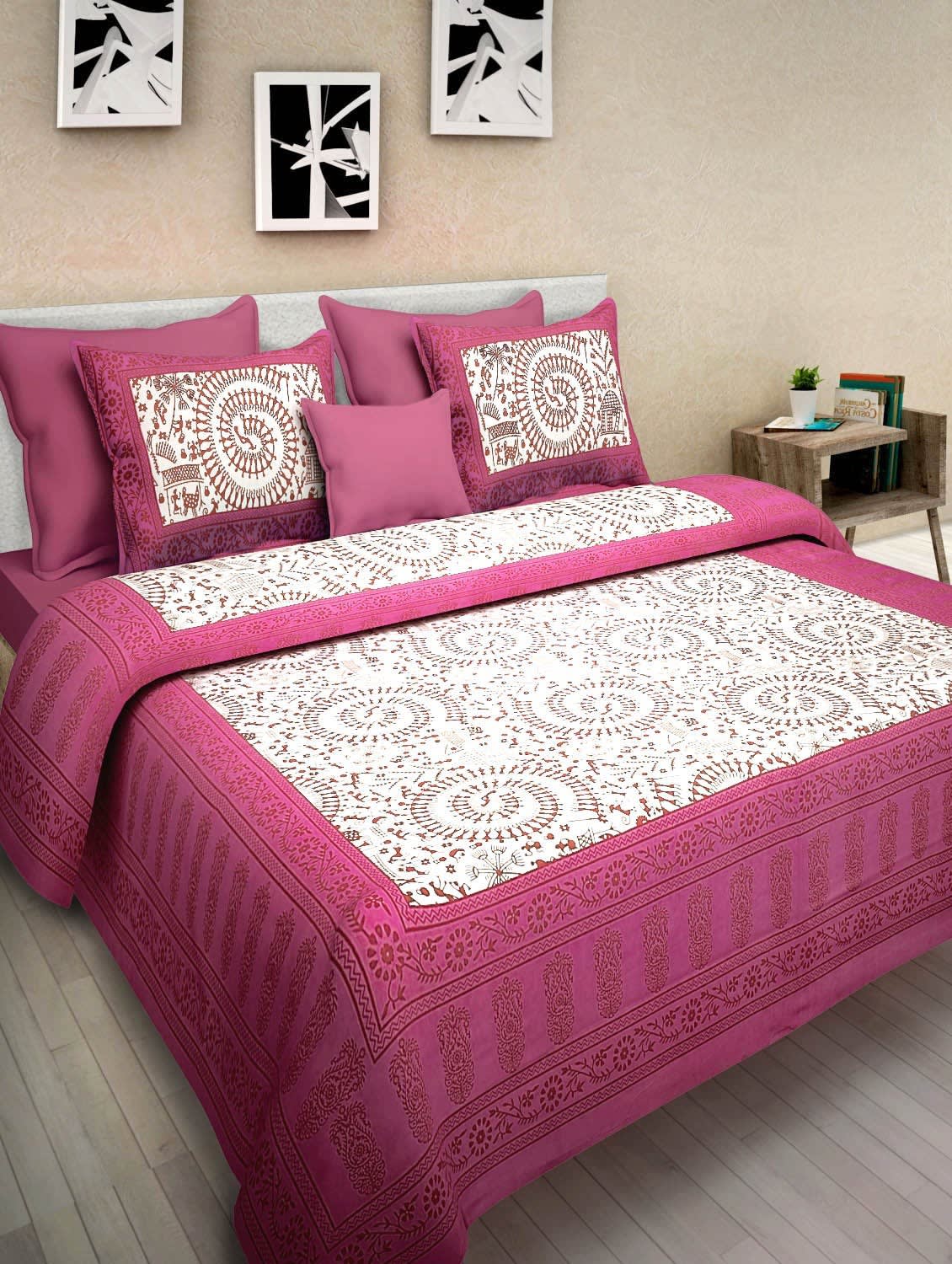 Jaipuri Prints Cotton Double Bedsheet (Pink)