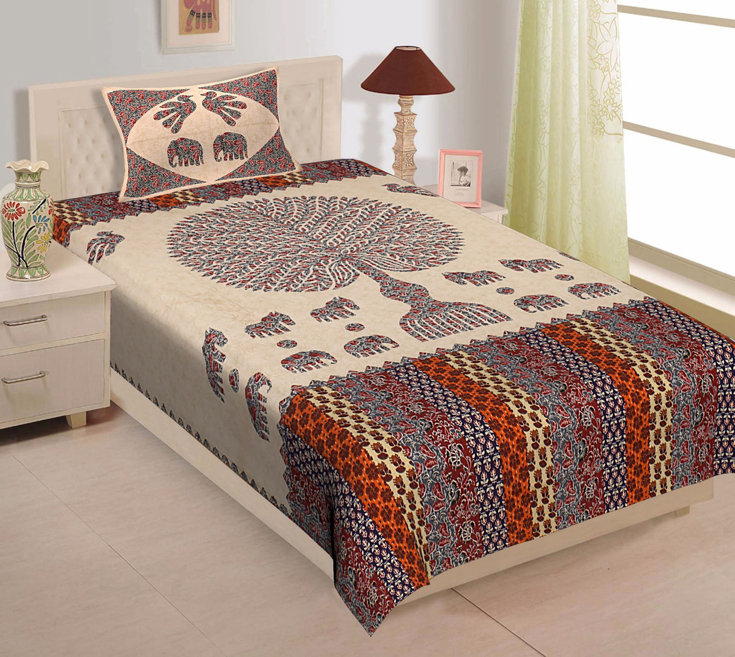 Jaipuri Prints Cotton Single Bedsheet (Multicolor)