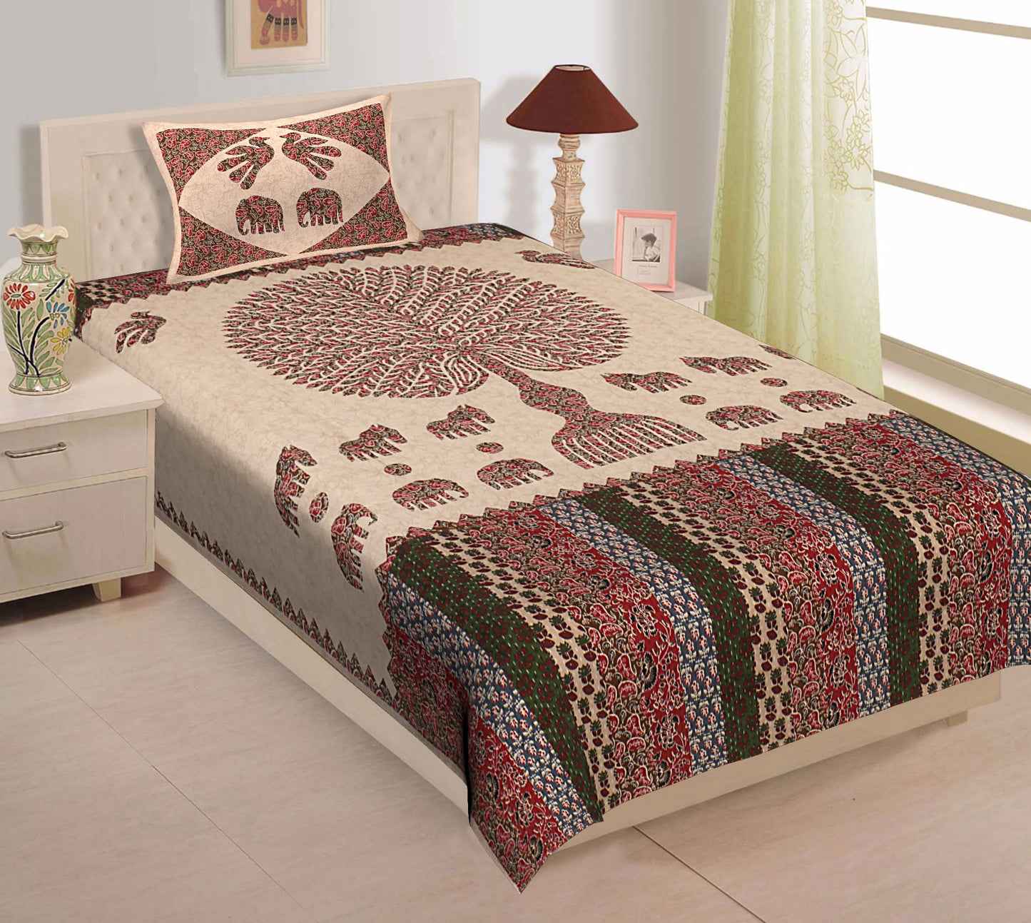 Jaipuri Prints Cotton Single Bedsheet (Multicolor)
