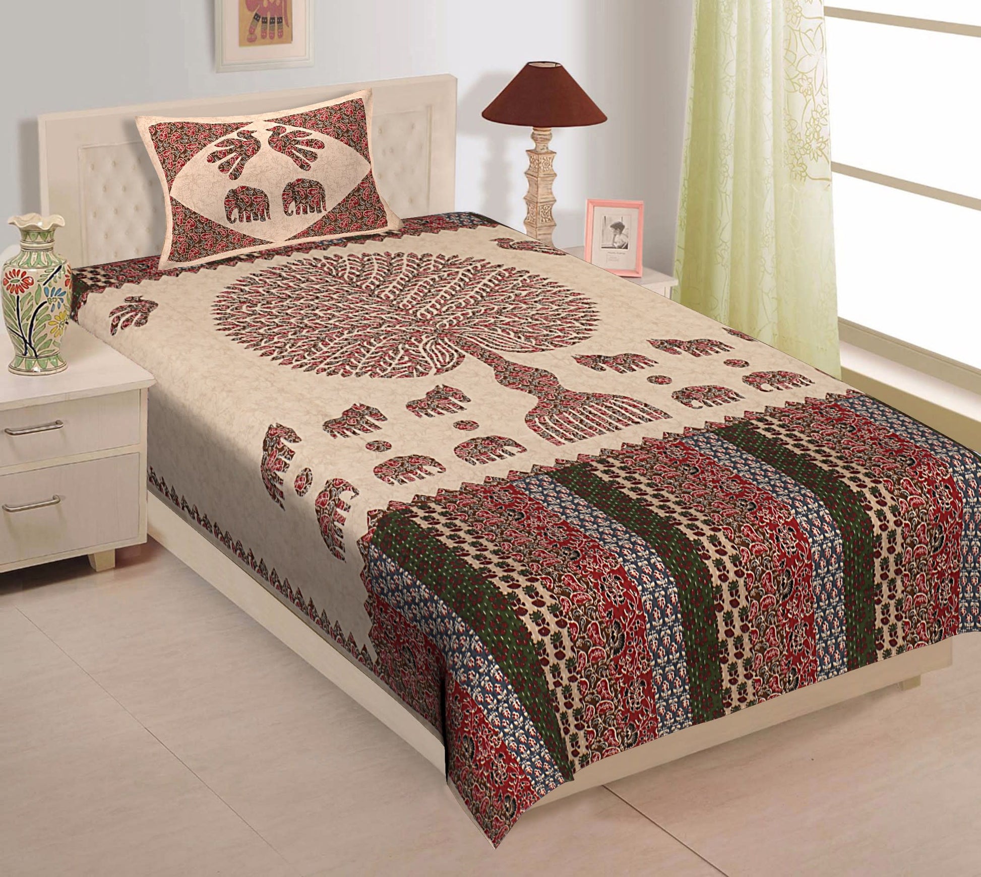 Jaipuri Prints Cotton Single Bedsheet (Multicolor)