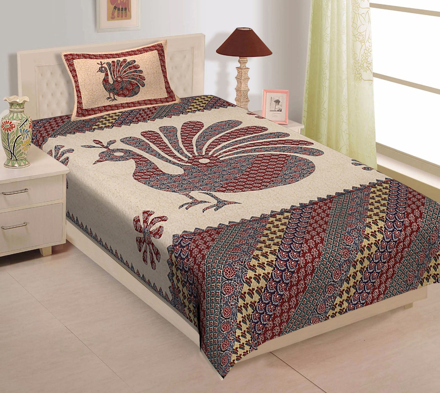 Jaipuri Prints Cotton Single Bedsheet (Multicolor)