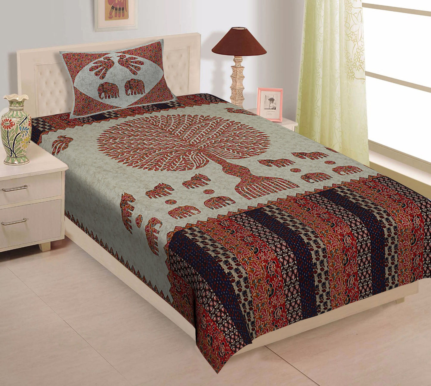 Jaipuri Prints Cotton Single Bedsheet (Multicolor)