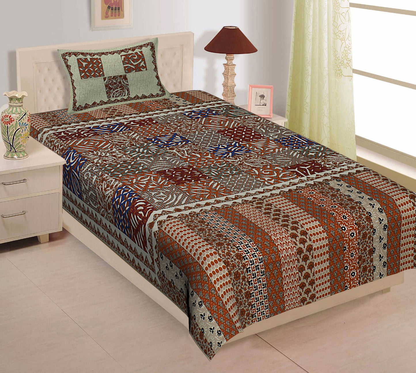 Jaipuri Prints Cotton Single Bedsheet (Multicolor)
