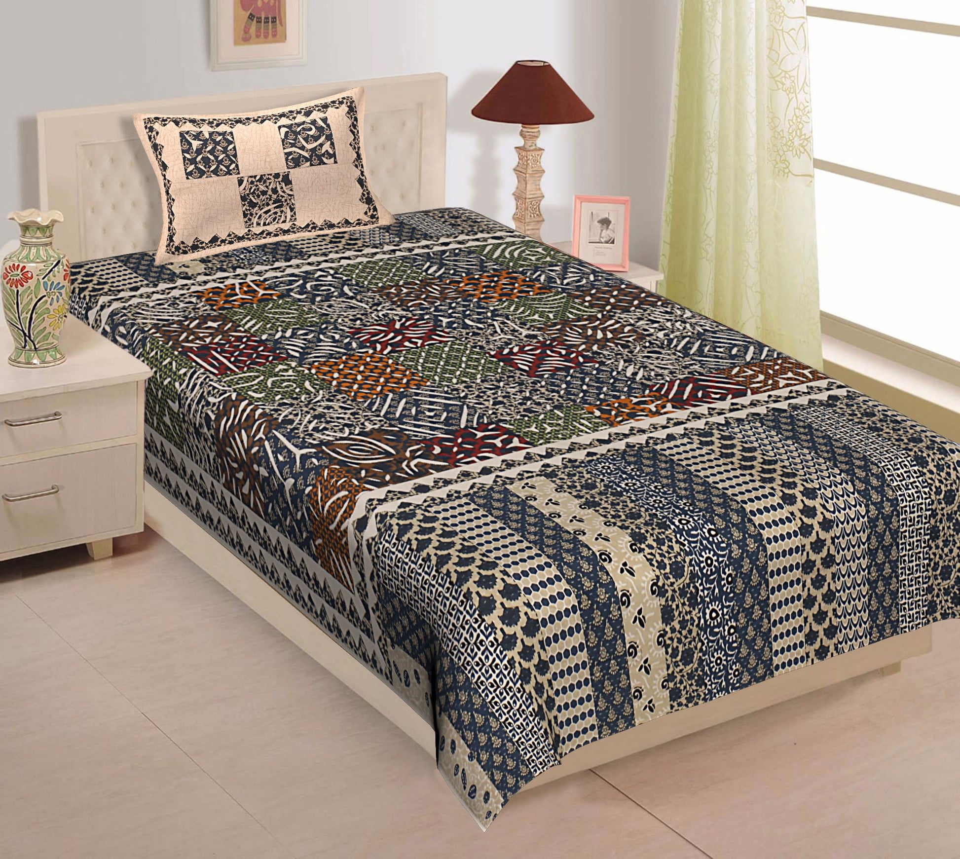 Jaipuri Prints Cotton Single Bedsheet (Multicolor)