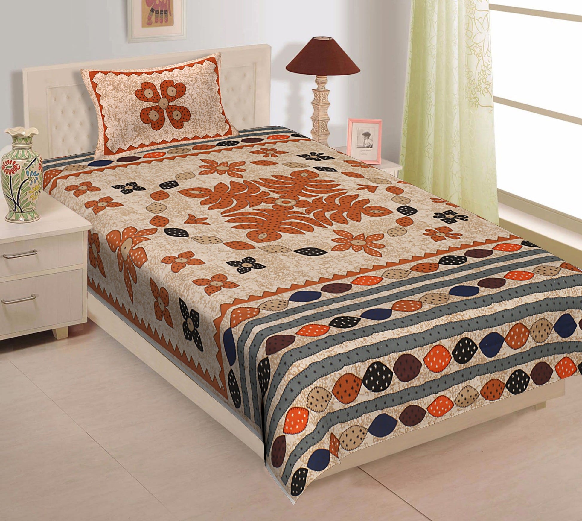 Jaipuri Prints Cotton Single Bedsheet (Multicolor)