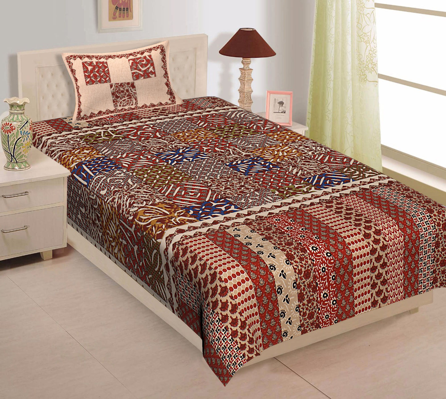Jaipuri Prints Cotton Single Bedsheet (Multicolor)