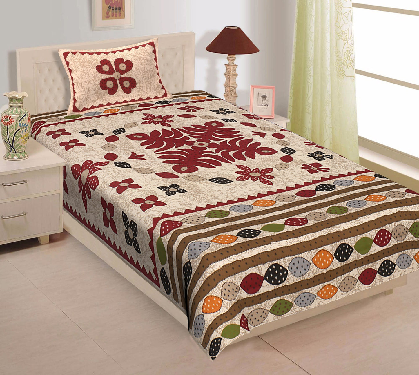 Jaipuri Prints Cotton Single Bedsheet (Multicolor)