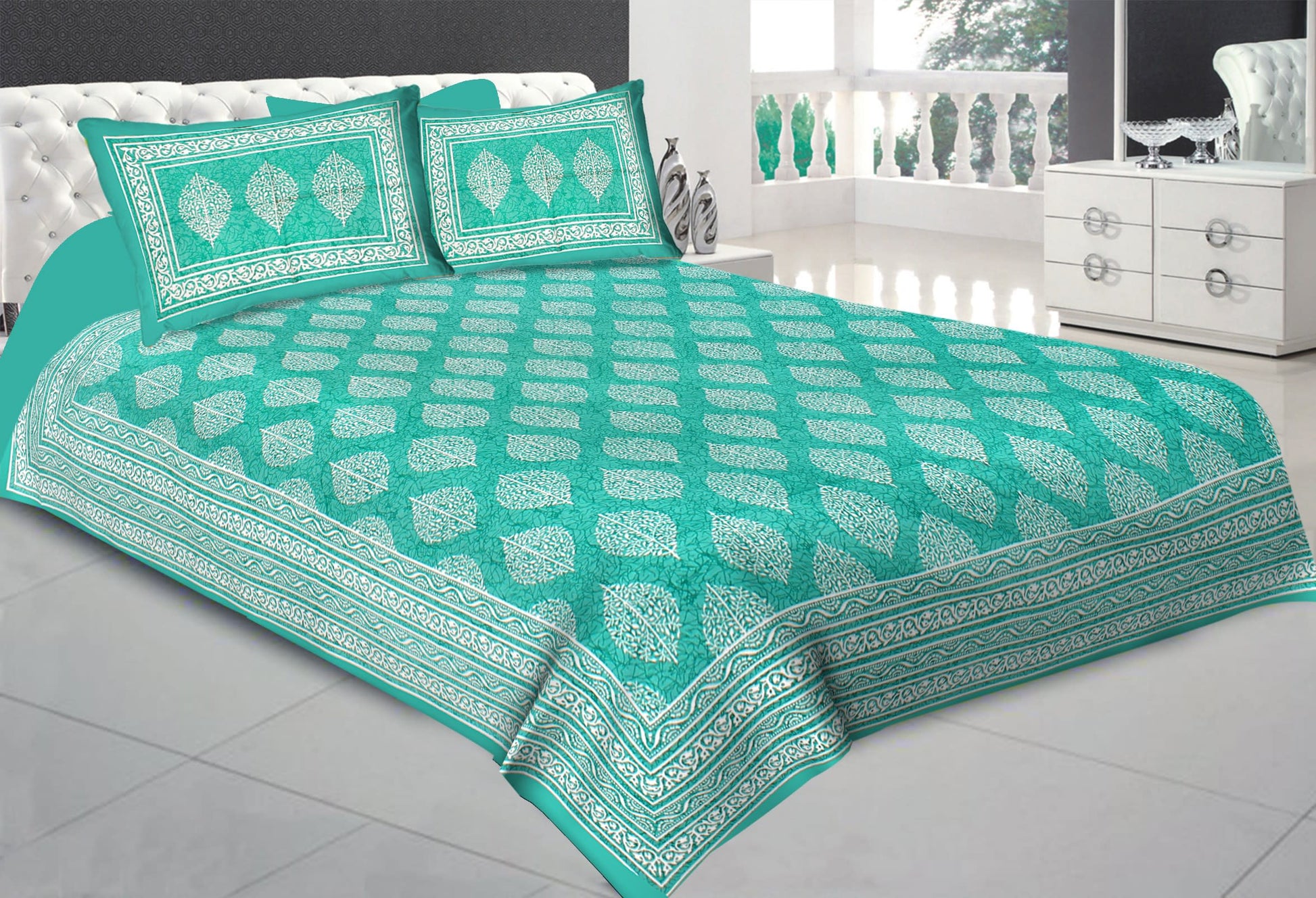 Jaipuri Prints Cotton Double Bedsheet (Green)