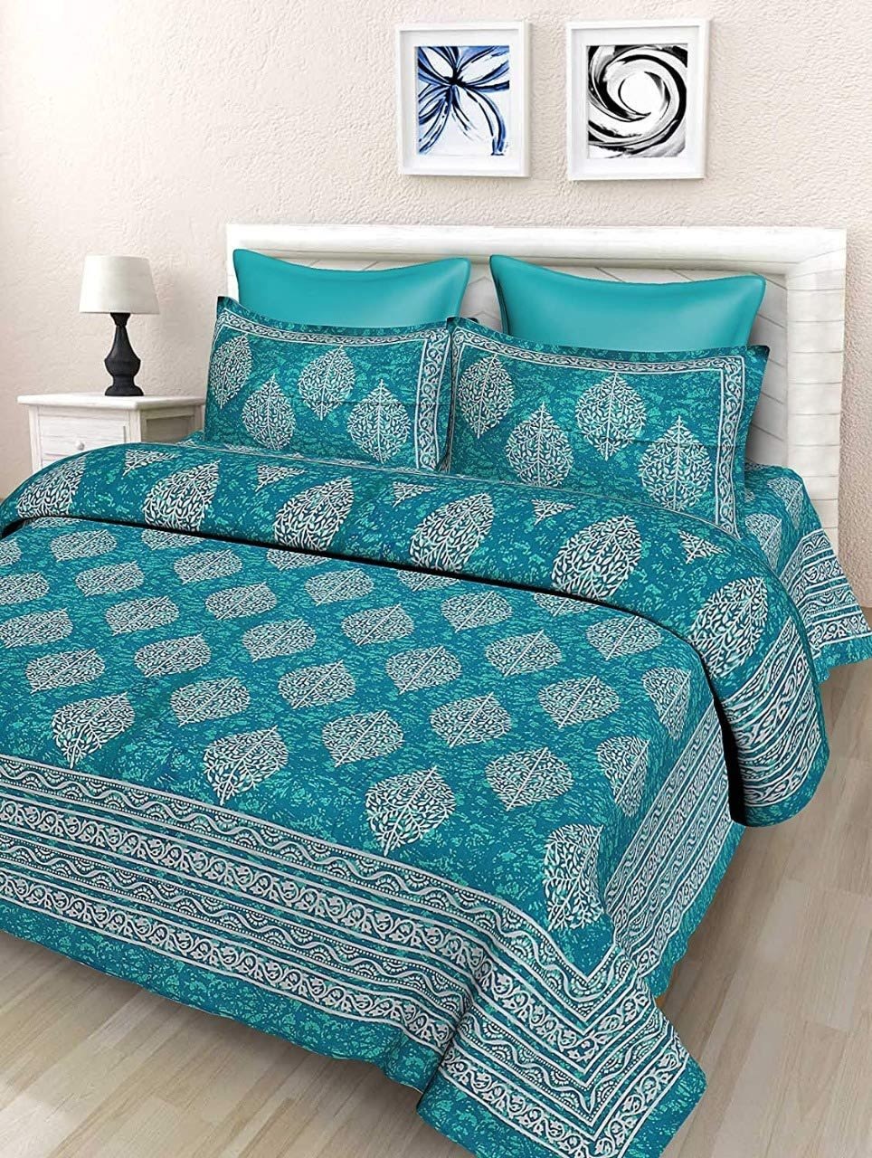 Jaipuri Prints Cotton Double Bedsheet (Seagreen)