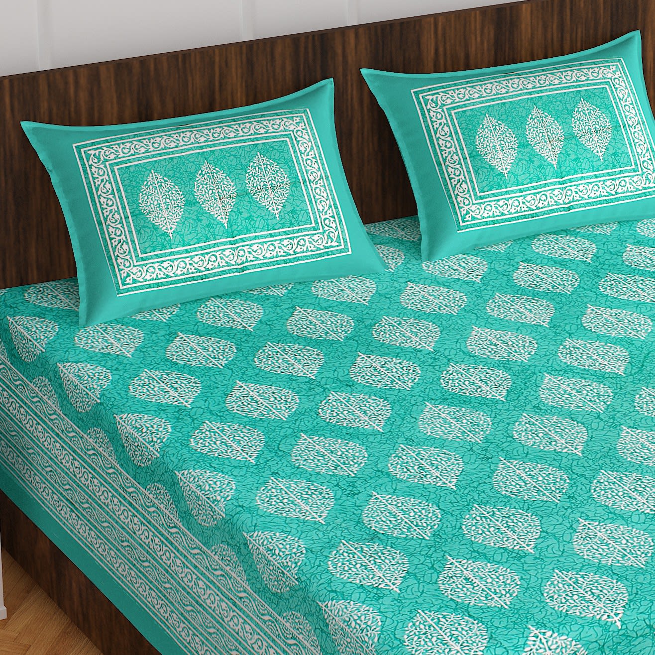 Jaipuri Prints Cotton Double Bedsheet (Seagreen)