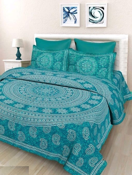 Jaipuri Prints Cotton Double Bedsheet (Seagreen)