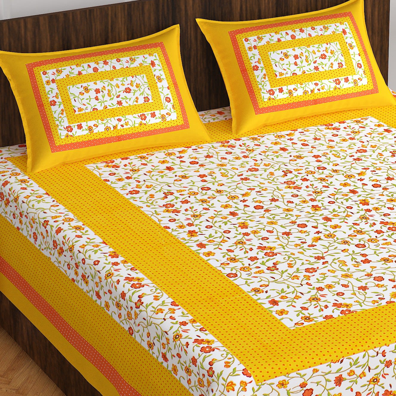 Cotton Floral Double Bedsheet (Yellow)