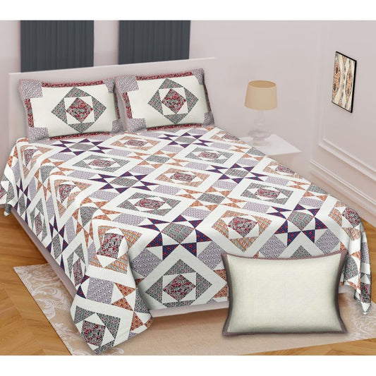 Barmeri Pastel Twill Cotton King Bedsheet With Colorful Patchwork Design