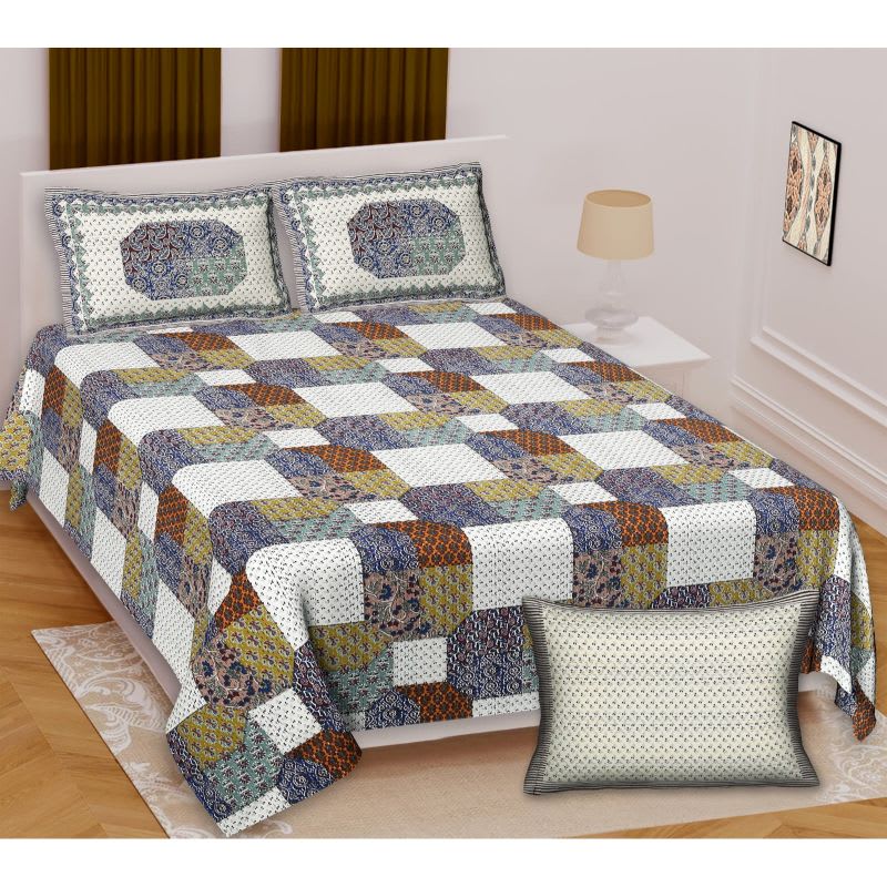 Barmeri Pastel Twill Cotton King Bedsheet With Colorful Patchwork Design
