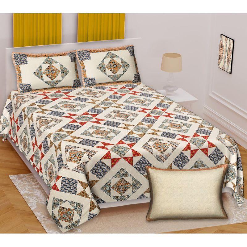 Barmeri Pastel Twill Cotton King Bedsheet With Colorful Patchwork Design