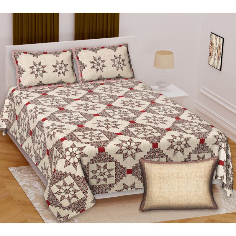 Barmeri Pastel Twill Cotton King Bedsheet With Colorful Patchwork Design