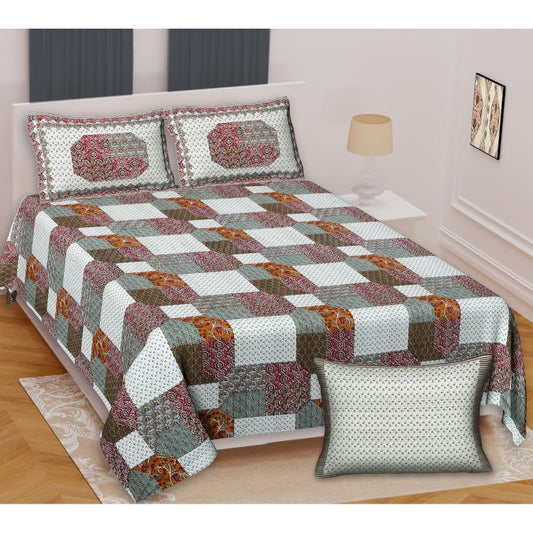 Barmeri Pastel Twill Cotton King Bedsheet With Colorful Patchwork Design