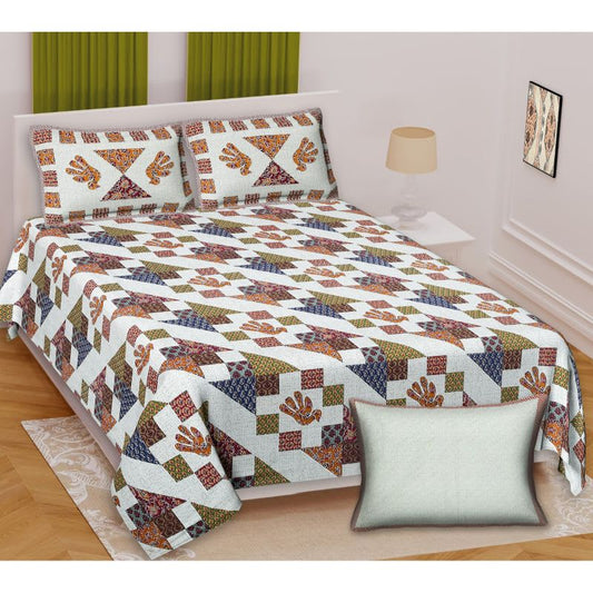 Barmeri Pastel Twill Cotton King Bedsheet With Colorful Patchwork Design