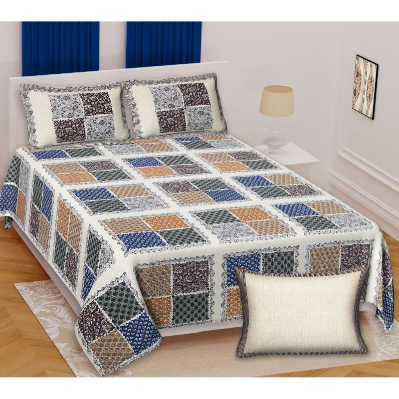 Barmeri Pastel Twill Cotton King Bedsheet With Colorful Patchwork Design