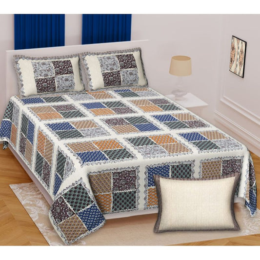 Barmeri Pastel Twill Cotton King Bedsheet With Colorful Patchwork Design