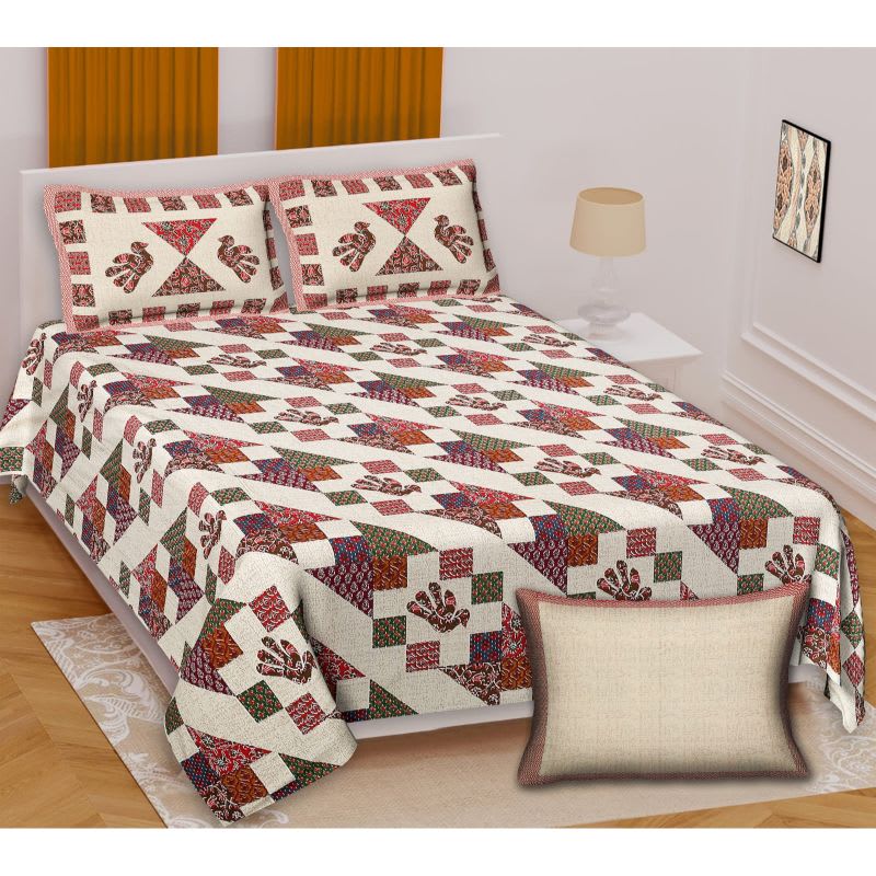 Barmeri Pastel Twill Cotton King Bedsheet With Colorful Patchwork Design