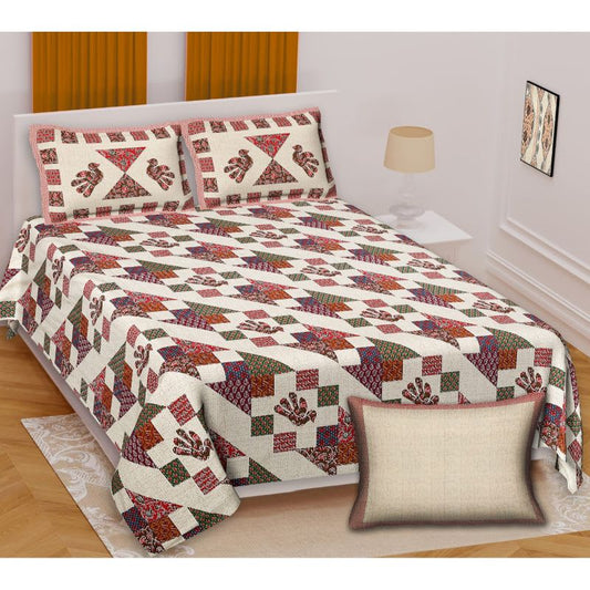 Barmeri Pastel Twill Cotton King Bedsheet With Colorful Patchwork Design