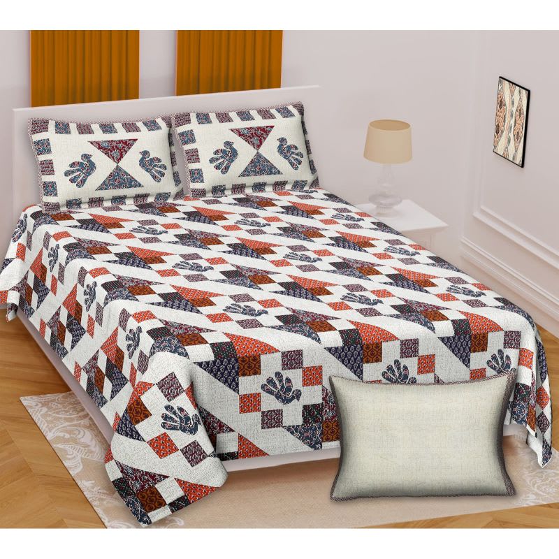 Barmeri Pastel Twill Cotton King Bedsheet With Colorful Patchwork Design