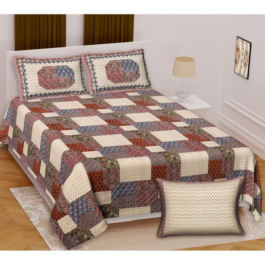 Barmeri Pastel Twill Cotton King Bedsheet With Colorful Patchwork Design