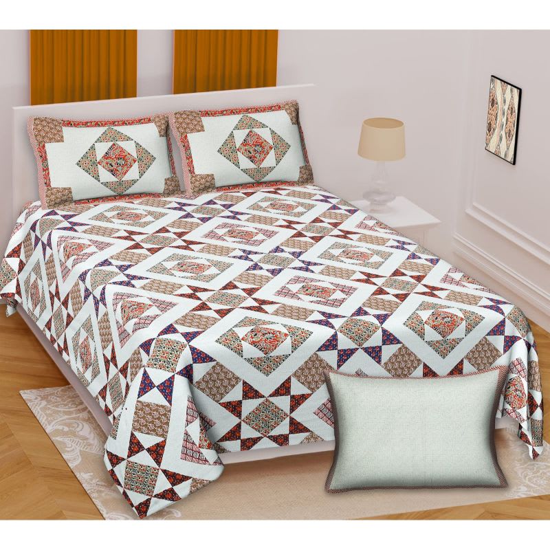Barmeri Pastel Twill Cotton King Bedsheet With Colorful Patchwork Design