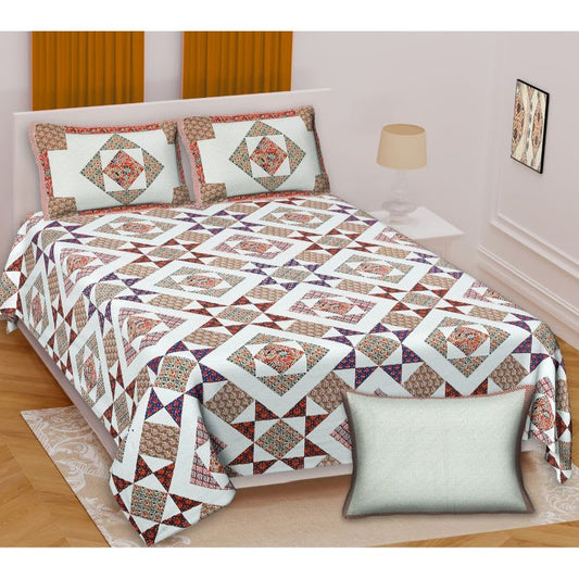 Barmeri Pastel Twill Cotton King Bedsheet With Colorful Patchwork Design