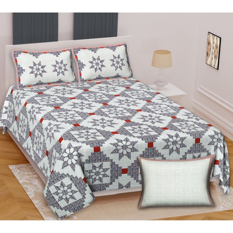 Barmeri Pastel Twill Cotton King Bedsheet With Colorful Patchwork Design