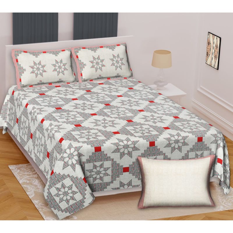 Barmeri Pastel Twill Cotton King Bedsheet With Colorful Patchwork Design