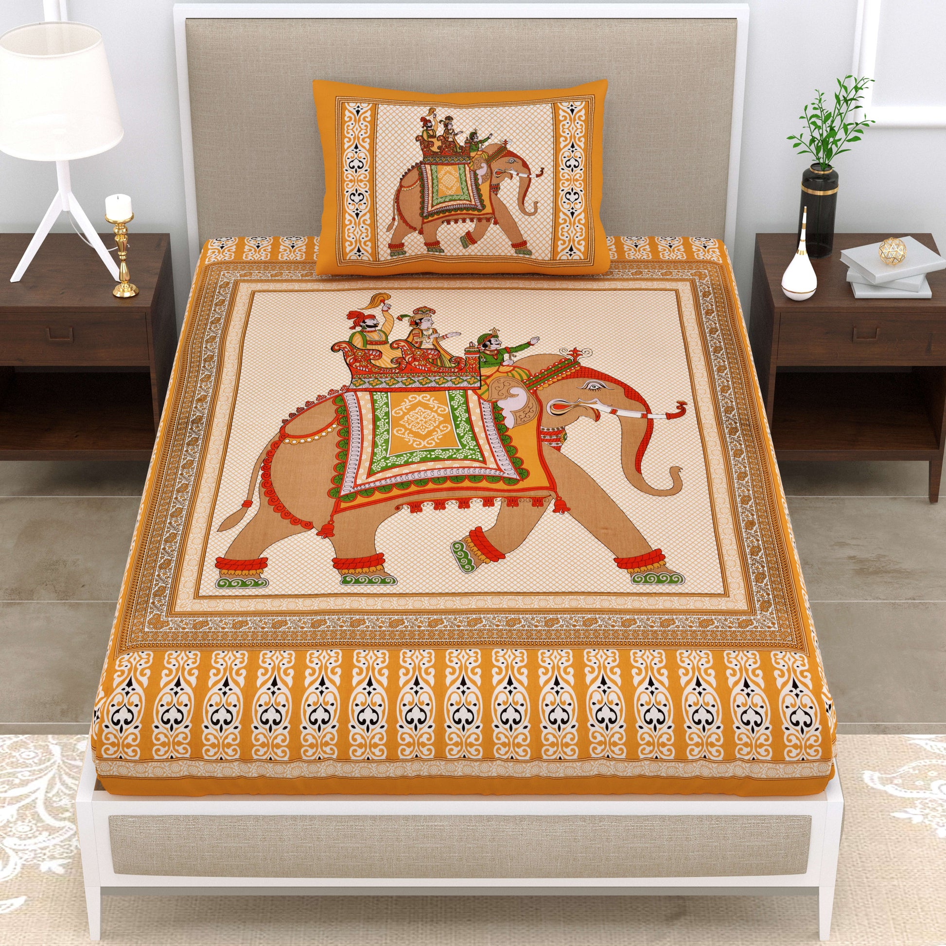 Big Elephant Printed Cotton single Bed Sheet With 1 Pillow Cover