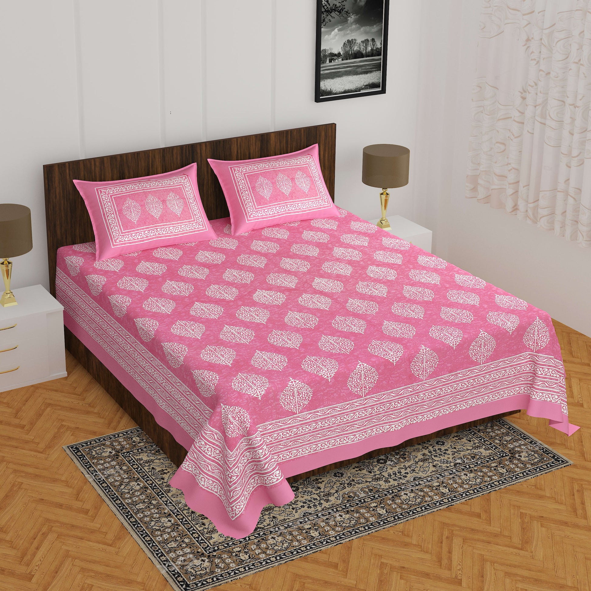Jaipuri Prints Cotton Double Bedsheet (Pink)