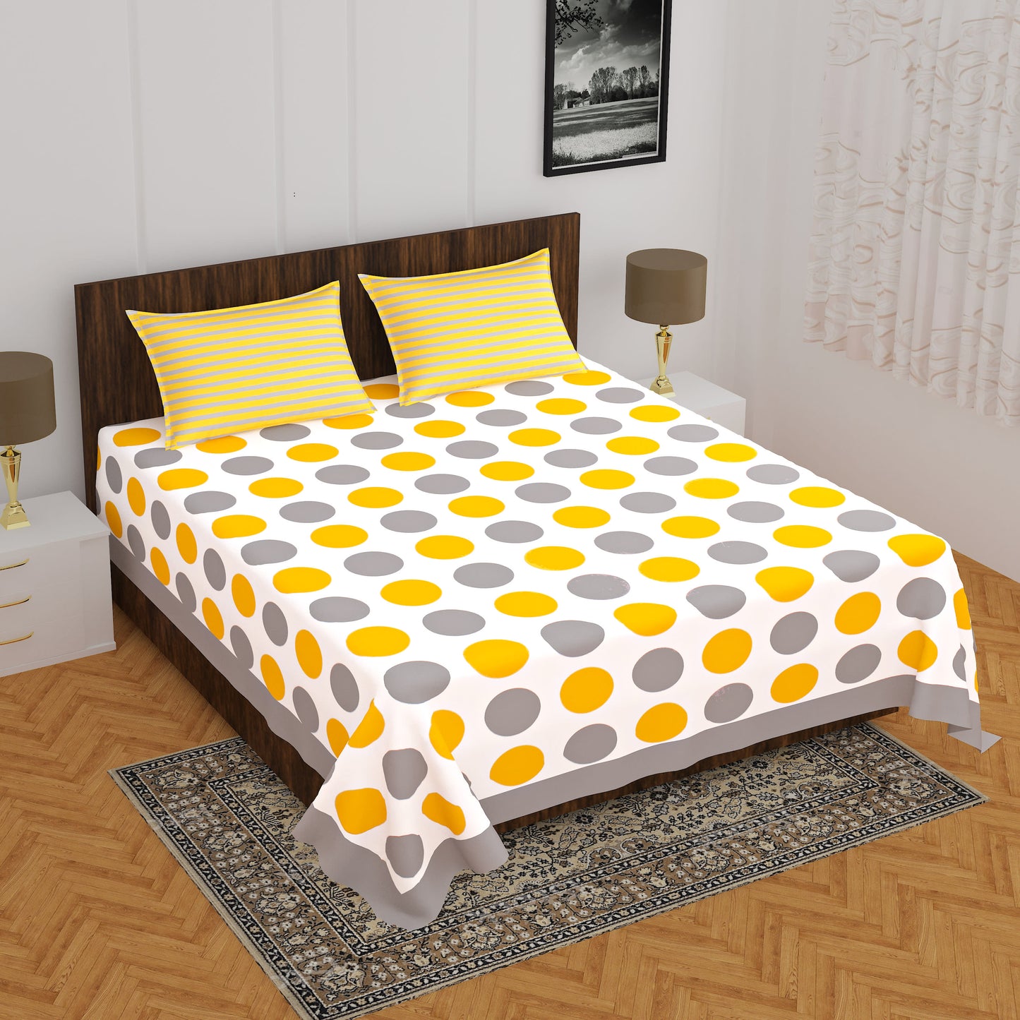 Jaipur Print Cotton Double Peacock Bedsheet with 2 Pillow covers (Pack of 1, Yellow)