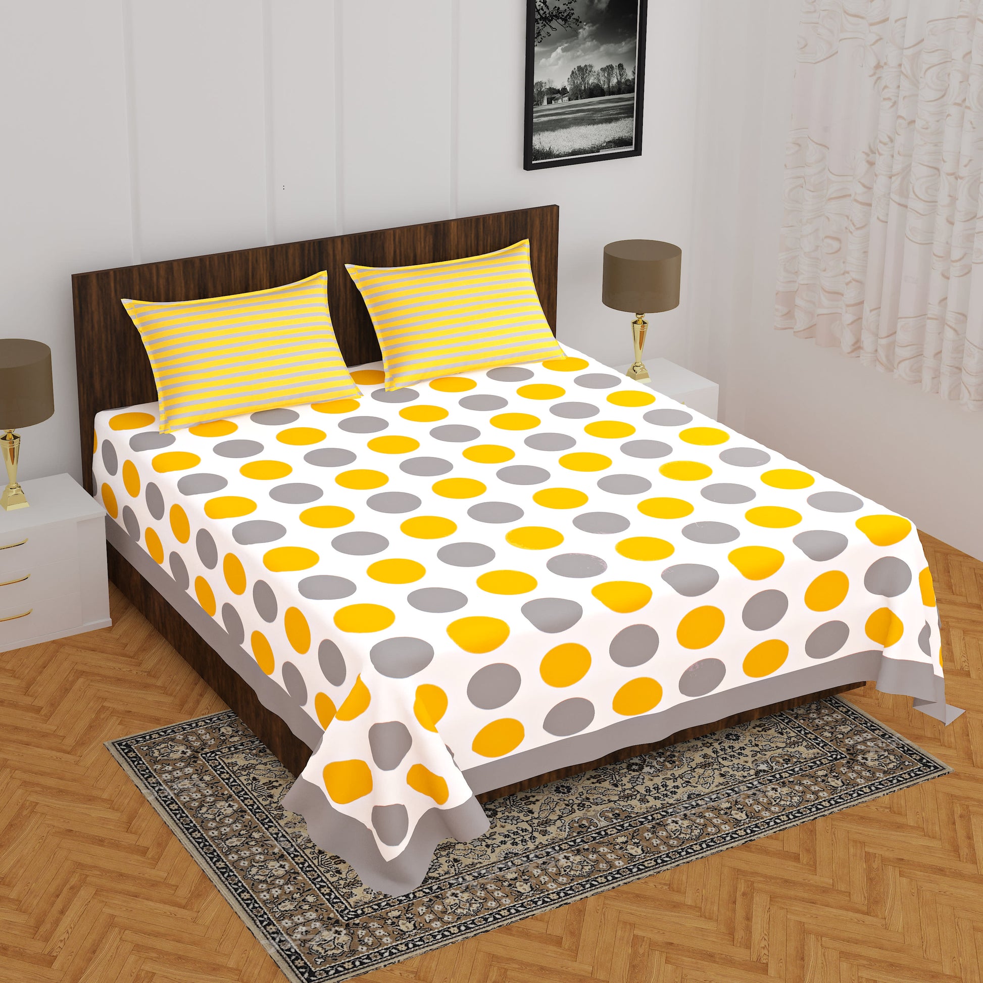 Jaipur Print Cotton Double Peacock Bedsheet with 2 Pillow covers (Pack of 1, Yellow)