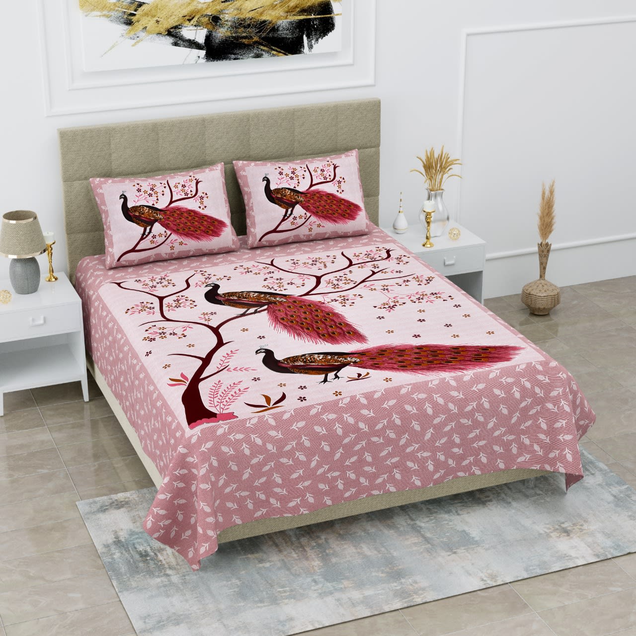 Peacock  Jaipur Print  Cotton Double Printed Flat Bedsheet  (Pack of 1, Pink)