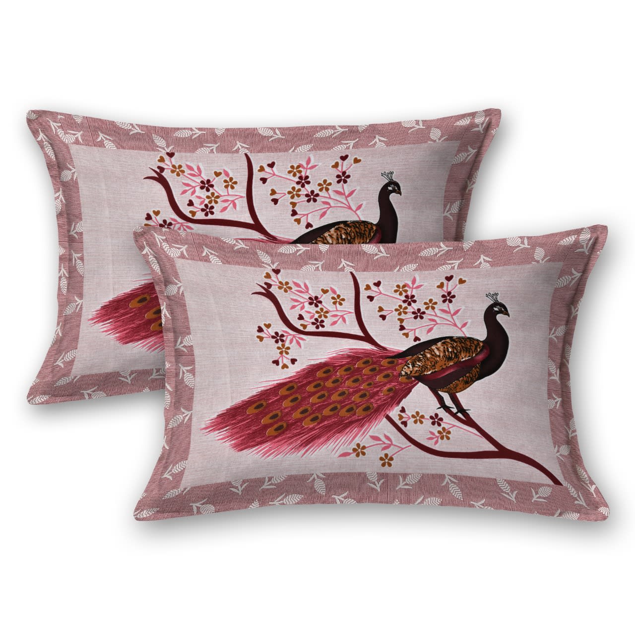 Peacock  Jaipur Print  Cotton Double Printed Flat Bedsheet  (Pack of 1, Pink)