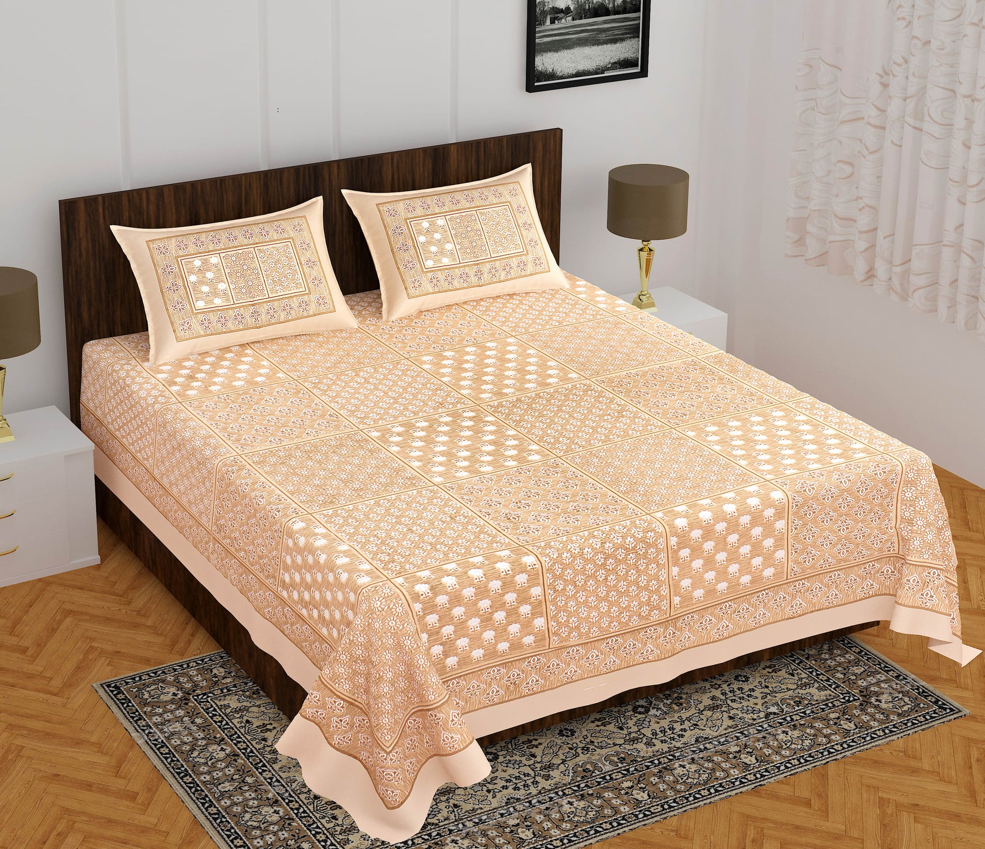 Cotton Double 3D Printed Flat Bedsheet  (Pack of 1, Khaake)