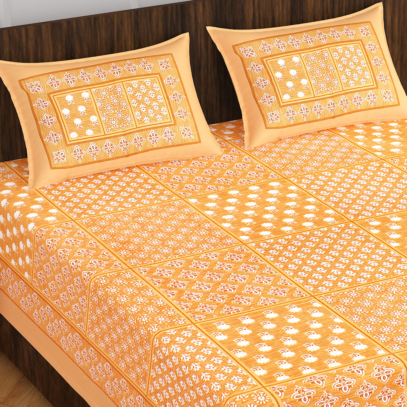 Cotton Double 3D Printed Flat Bedsheet  (Pack of 1, Mustrd)