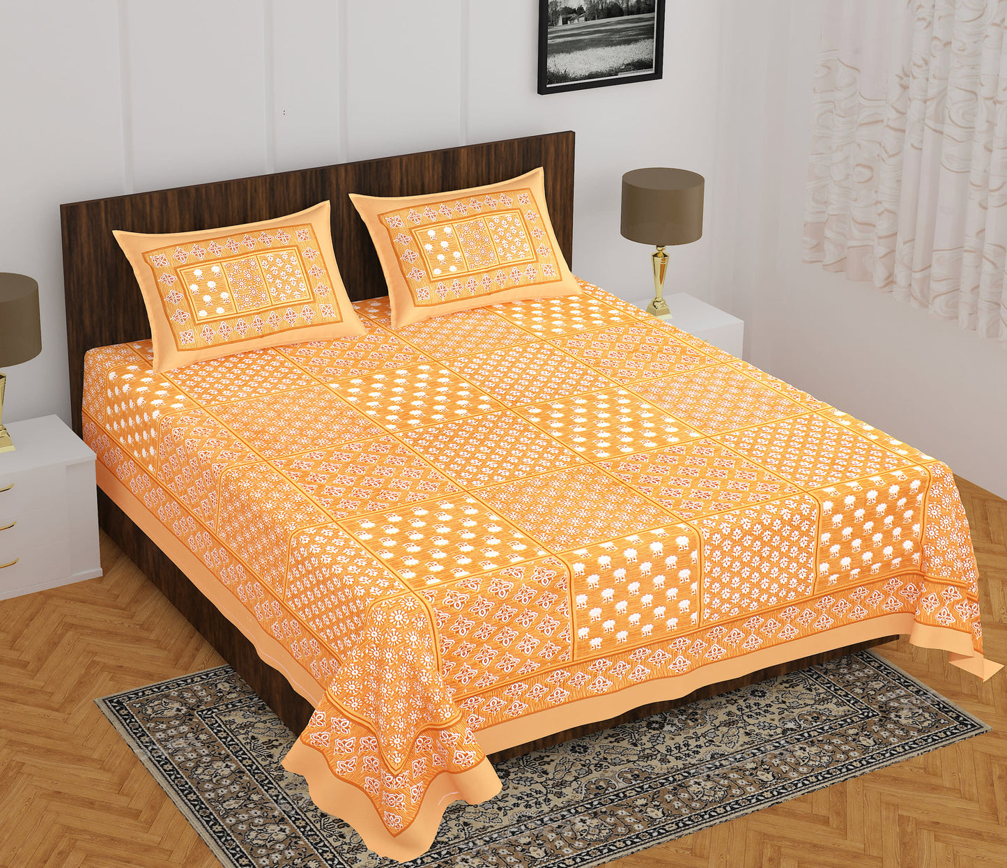 Cotton Double 3D Printed Flat Bedsheet  (Pack of 1, Mustrd)