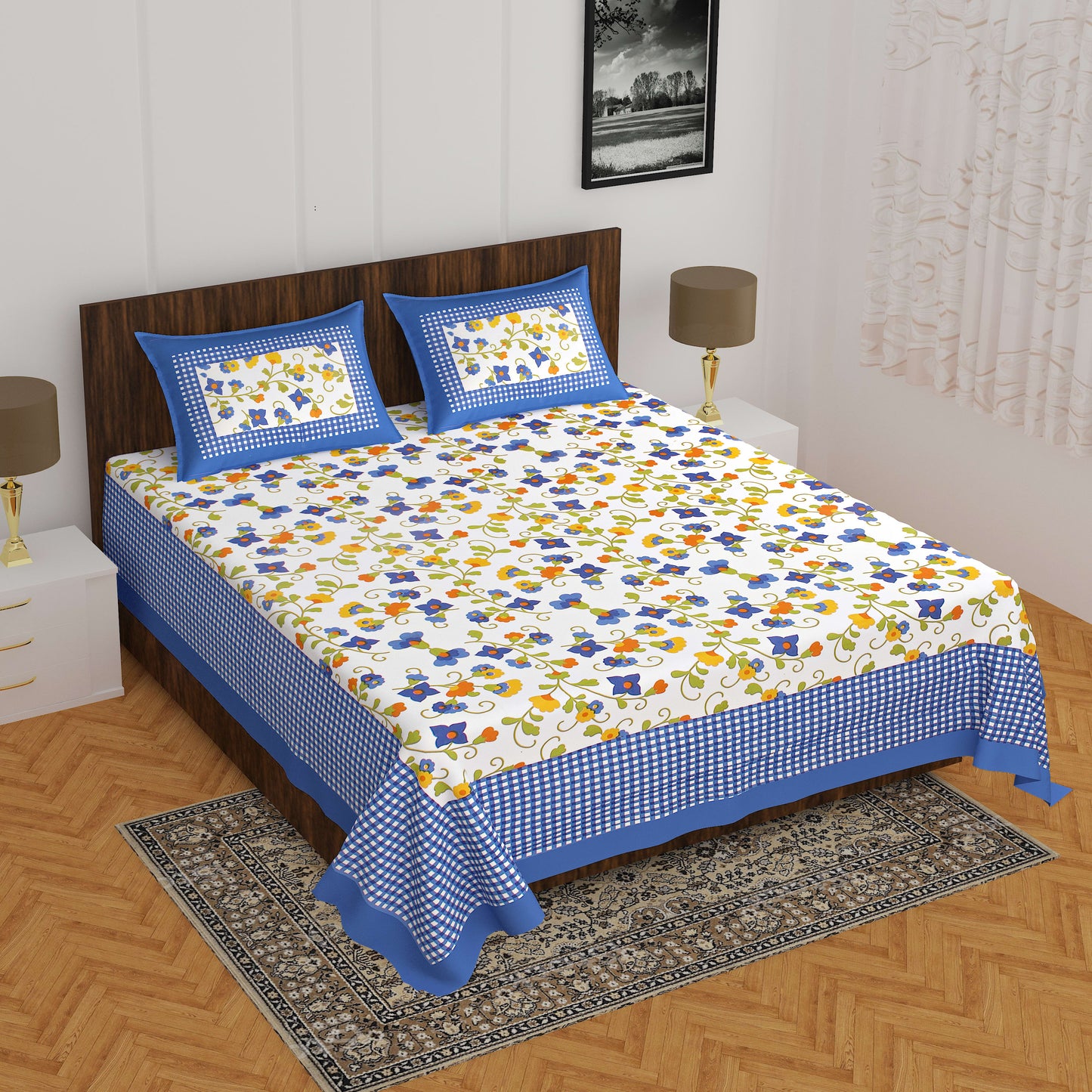 Cotton Double Floral Bedsheet (Blue)