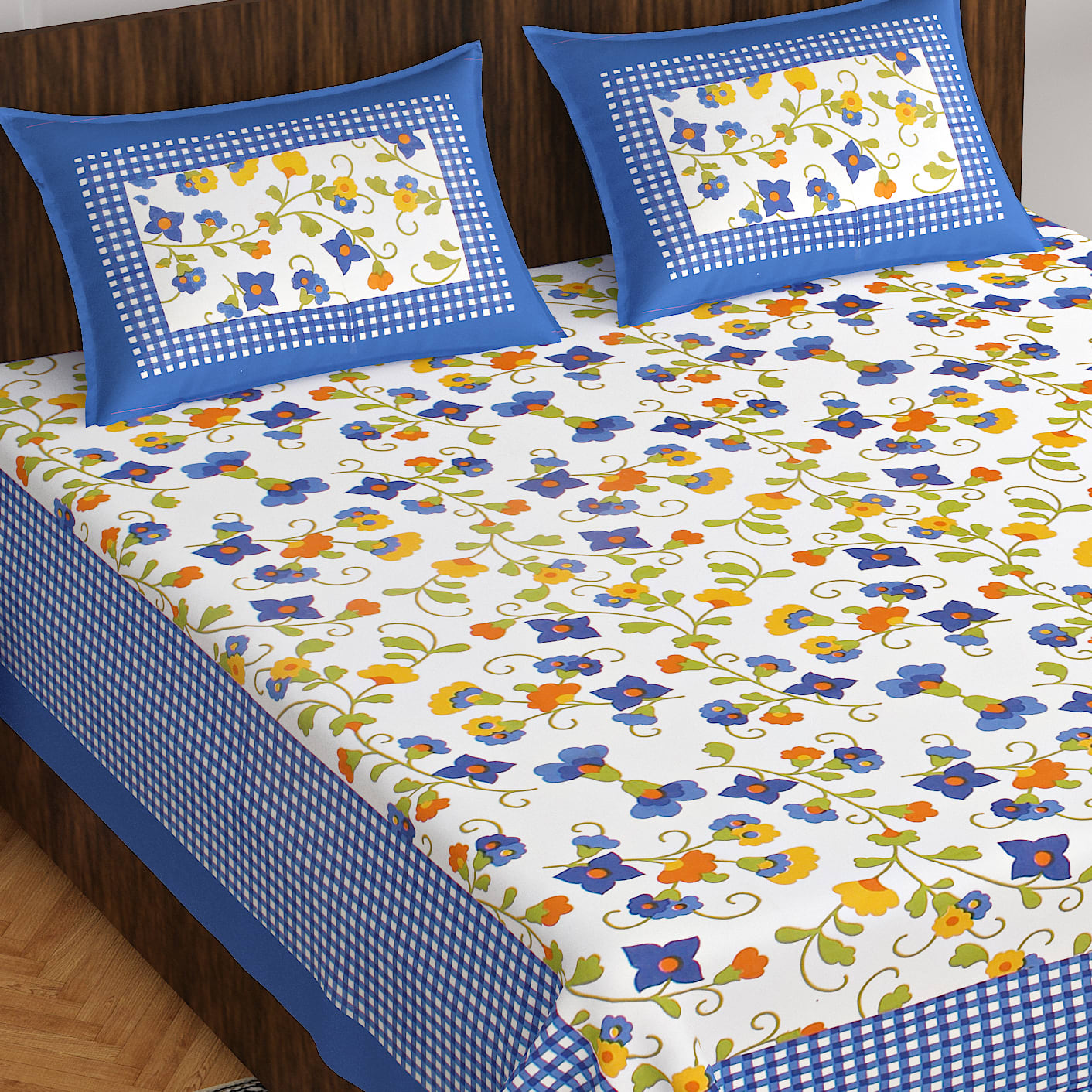 Cotton Double Floral Bedsheet (Blue)