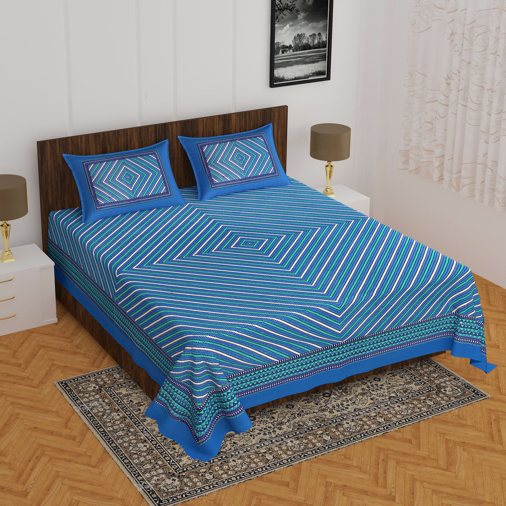 Cotton Double Jaipuri Prints Bedsheet  (Pack of 1, BLUE)